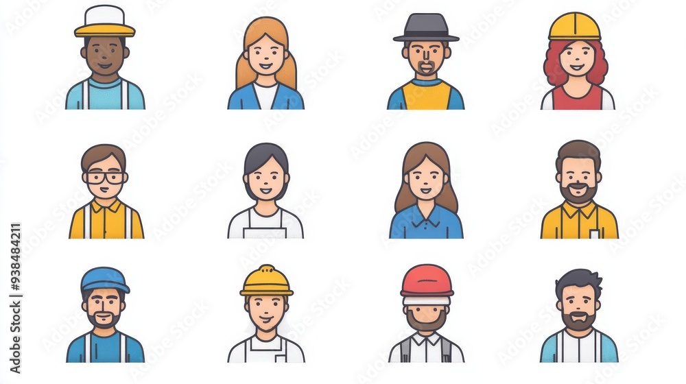 Set of diverse people icons representing various professions on a white background. Set of diverse people icons representing various professions on a white background.