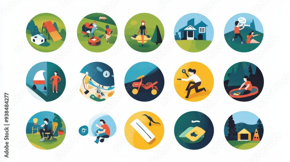 Set of icons showing people engaging in hobbies and recreational activities. Set of icons showing people engaging in hobbies and recreational activities.