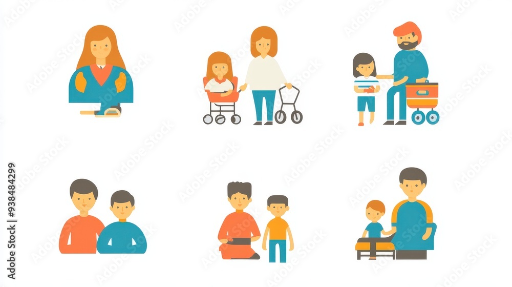 Set of icons showing people in different family roles and activities. Set of icons showing people in different family roles and activities.