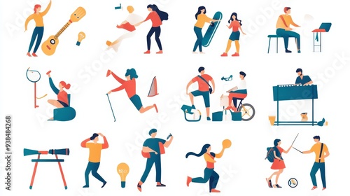 Wallpaper Mural Set of icons showing people engaging in hobbies and recreational activities. Torontodigital.ca