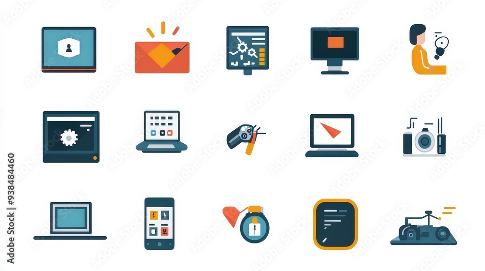 Set of icons showing people using technology and digital devices. Set of icons showing people using technology and digital devices.