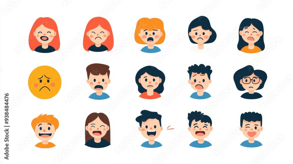 Set of people icons depicting various emotions like happy, sad, angry, and surprised. Set of people icons depicting various emotions like happy, sad, angry, and surprised.