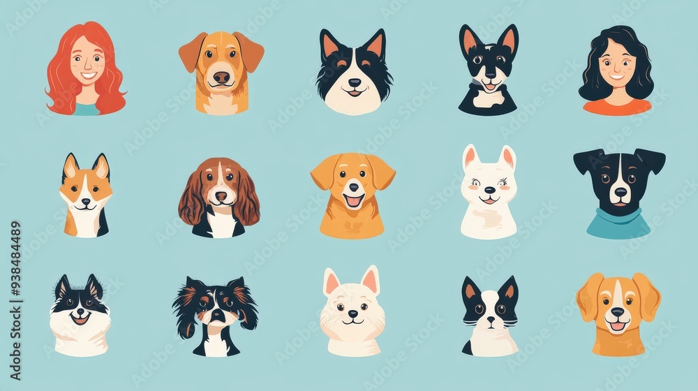 Fototapeta premium Set of pet owner icons with dogs, cats, and other pets.