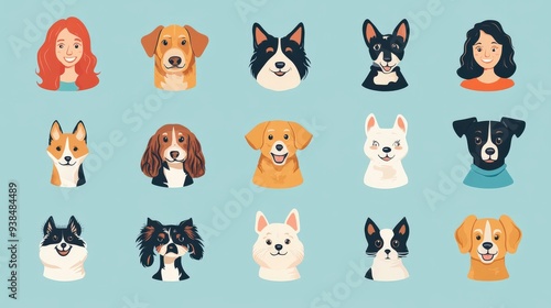 Set of pet owner icons with dogs, cats, and other pets.