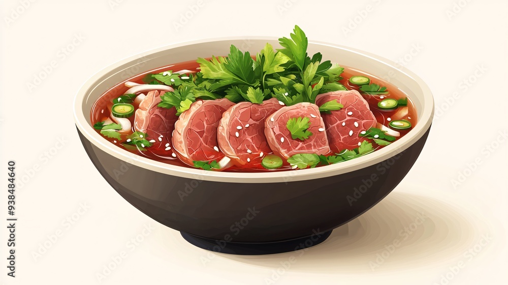 Delightful 3D Cartoon Bowl of Pho with Smiling Beef Slices and Fresh Herbs on White Background Delightful 3D Cartoon Bowl of Pho with Smiling Beef Slices and Fresh Herbs on White Background