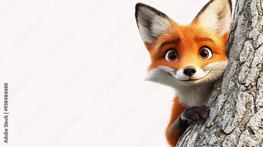 Obraz premium Adorable 3D Cartoon Fox Peeking from Behind Tree - Whimsical Wildlife Character on White Background