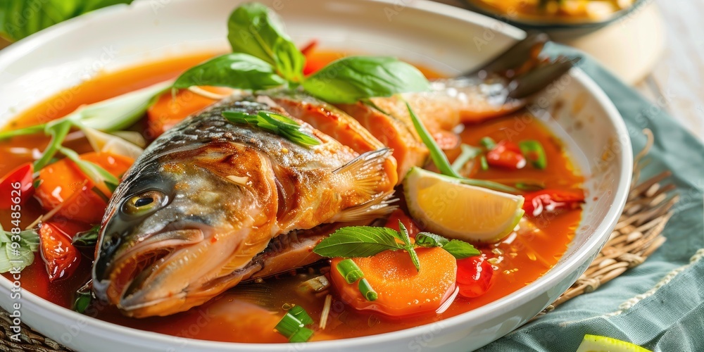 Authentic Filipino cuisine: Salmon Sinigang, featuring salmon in a zesty tamarind soup. Authentic Filipino cuisine: Salmon Sinigang, featuring salmon in a zesty tamarind soup.
