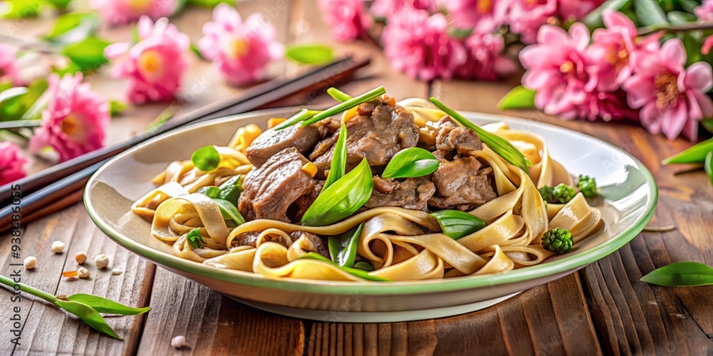 Soft pink cherry blossom petals surround savory beef pad see ew dish amidst lush greenery in whimsical spring setting Soft pink cherry blossom petals surround savory beef pad see ew dish amidst lush greenery in whimsical spring setting
