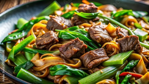 Vibrant green scallions burst freshness against rich savory beef pad see ew sauce in shallow depth of field photo