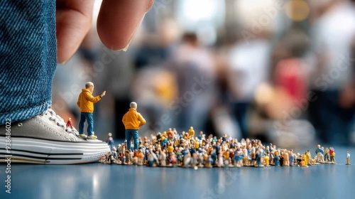 A creative arrangement featuring miniature figures gathered around a giant human foot model, offering a whimsical representation of human scale and social interaction. photo