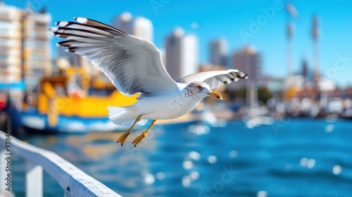 A seagull gracefully glides by the waterfront under a clear blue sky, with urban buildings and a bustling harbor setting in the background, depicting motion and freedom. photo