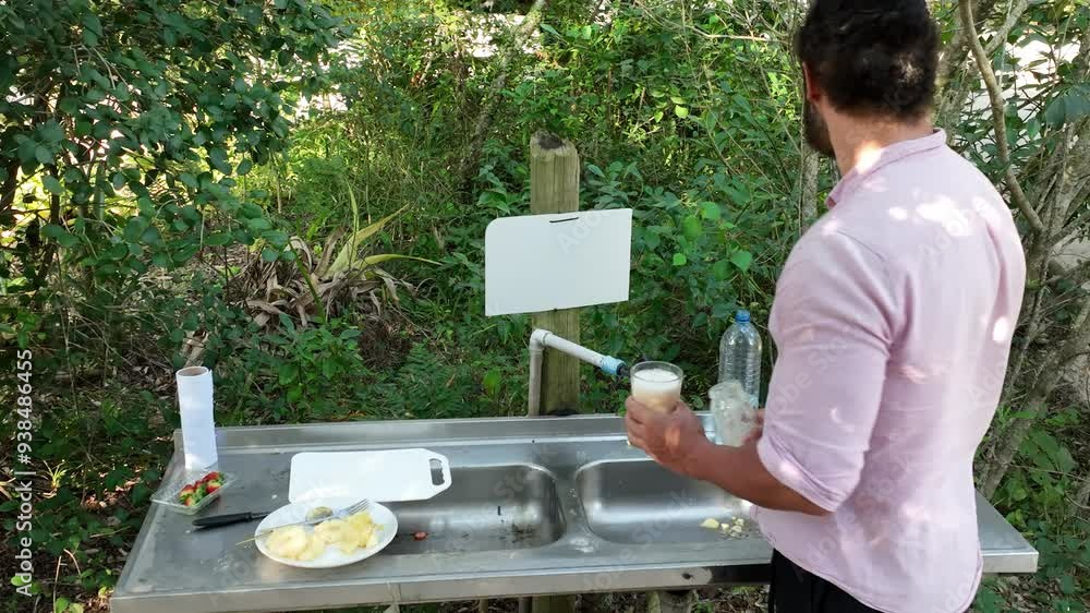 custom made wallpaper toronto digitalMan preparing pineapple juice during picnic in park. Close up. zoom in
