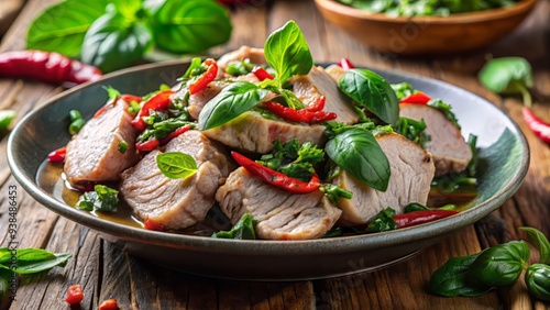 soft natural light highlighting juicy pork and emerald basil photo