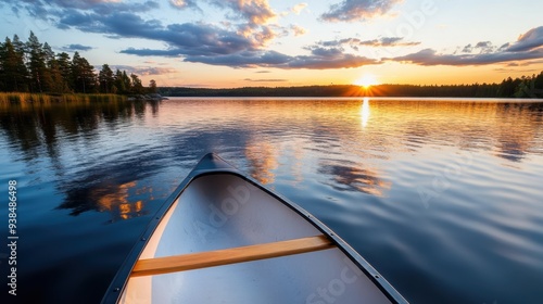 The bow of a boat is shown on a tranquil lake during a stunning sunset, capturing the serene and picturesque view, and conveying a peaceful and calm atmosphere.