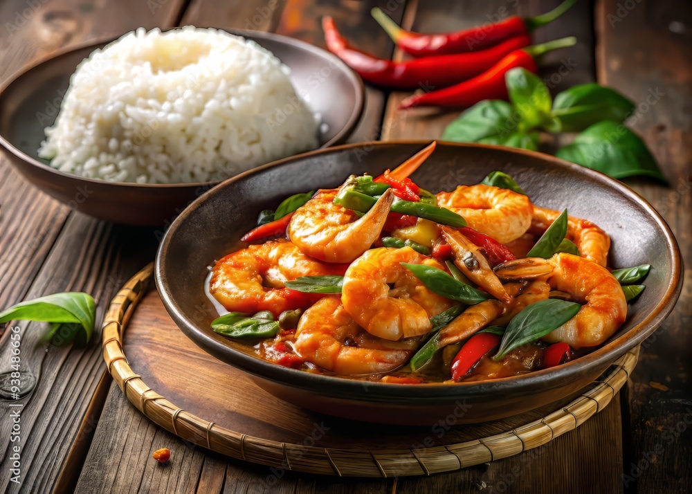 Warm low-key lighting, intimate medium shot of fragrant shrimp stir-fry, golden red curry paste sauce, fresh Thai basil, and a side of steamed jasmine rice. Warm low-key lighting, intimate medium shot of fragrant shrimp stir-fry, golden red curry paste sauce, fresh Thai basil, and a side of steamed jasmine rice.