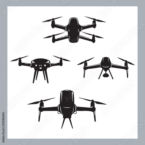 Drone quadcopter with camera black symbol, Black silhouette of military drone. Top, front and side view. Army aircraft for intelligence and attack, silhouette of a drone flying