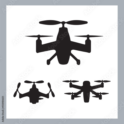 Drone quadcopter with camera black symbol, Black silhouette of military drone. Top, front and side view. Army aircraft for intelligence and attack, silhouette of a drone flying