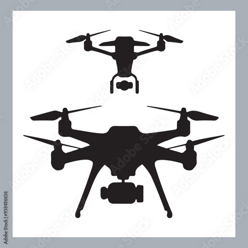 Drone quadcopter with camera black symbol, Black silhouette of military drone. Top, front and side view. Army aircraft for intelligence and attack, silhouette of a drone flying