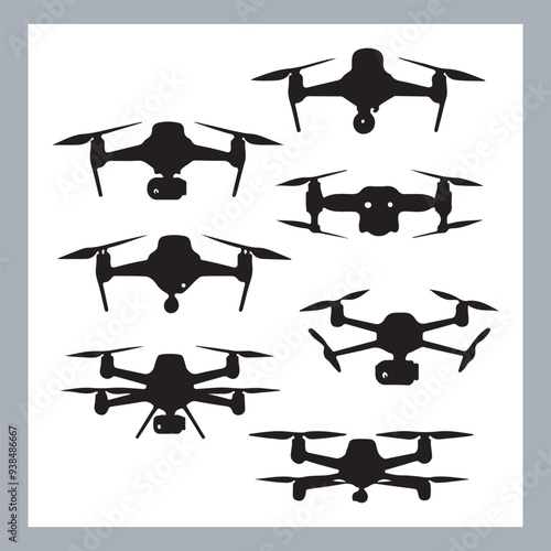 Drone quadcopter with camera black symbol, Black silhouette of military drone. Top, front and side view. Army aircraft for intelligence and attack, silhouette of a drone flying