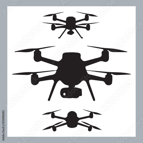 Drone quadcopter with camera black symbol, Black silhouette of military drone. Top, front and side view. Army aircraft for intelligence and attack, silhouette of a drone flying