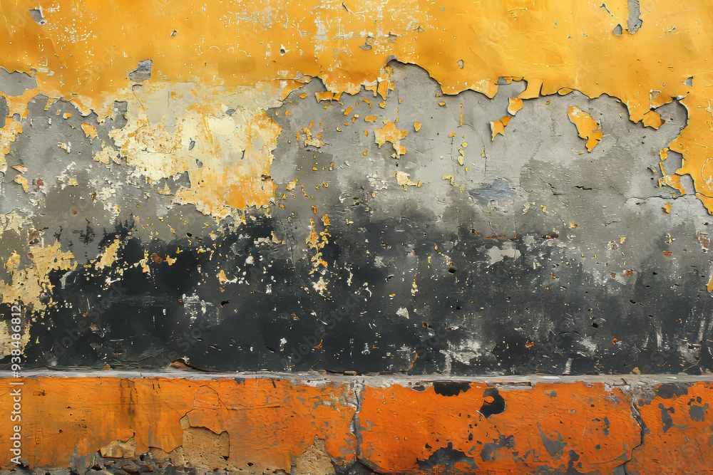 Fototapeta premium A textured wall displays layers of peeling gray, orange, and yellow paint, showcasing weathering and decay over time.