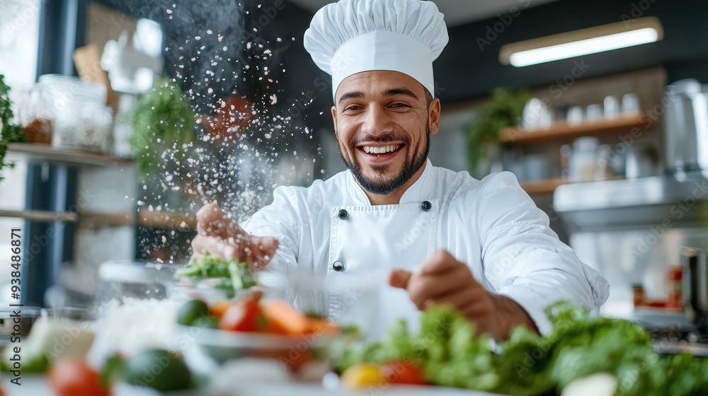A cheerful chef in full uniform is busily preparing food with zest in a professional kitchen, surrounded by fresh vegetables. His joyful expression showcases culinary delight. A cheerful chef in full uniform is busily preparing food with zest in a professional kitchen, surrounded by fresh vegetables. His joyful expression showcases culinary delight.