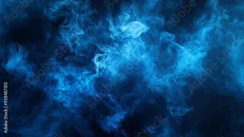 A dense background of swirling smoke in shades of blue and black. The thick, dark haze has a dramatic and atmospheric effect in the blue and black colors evoking mystery.