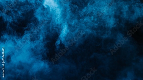 A dense background of swirling smoke in shades of blue and black. The thick, dark haze has a dramatic and atmospheric effect in the blue and black colors evoking mystery.