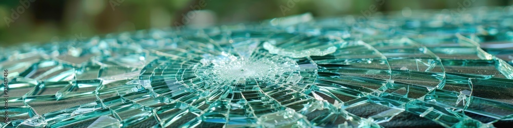 Close-up of a shattered vehicle window caused by a break-in, with damaged glass from theft. Close-up of a shattered vehicle window caused by a break-in, with damaged glass from theft.