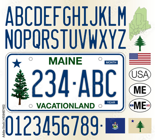 Maine new style car license plate pattern, letters, numbers and symbols, vector illustration, United States, USA