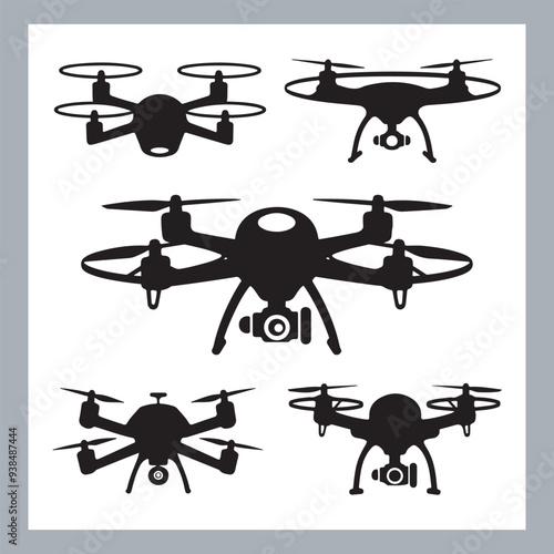 Drone quadcopter with camera black symbol, Black silhouette of military drone. Top, front and side view. Army aircraft for intelligence and attack, silhouette of a drone flying