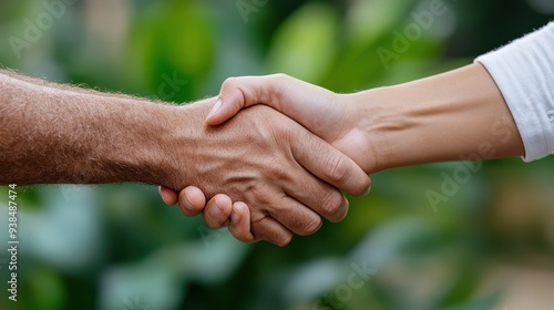 A close-up of two hands in a firm handshake with a lush, green background, symbolizing agreement, connection, and a sense of mutual respect in a natural setting.