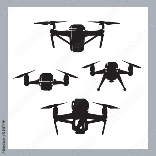 Drone quadcopter with camera black symbol, Black silhouette of military drone. Top, front and side view. Army aircraft for intelligence and attack, silhouette of a drone flying