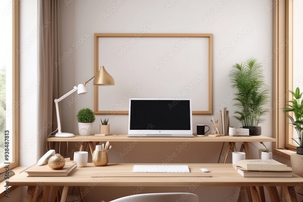 Cozy workplace interior at home with frame mockup, 3d render Cozy workplace interior at home with frame mockup, 3d render