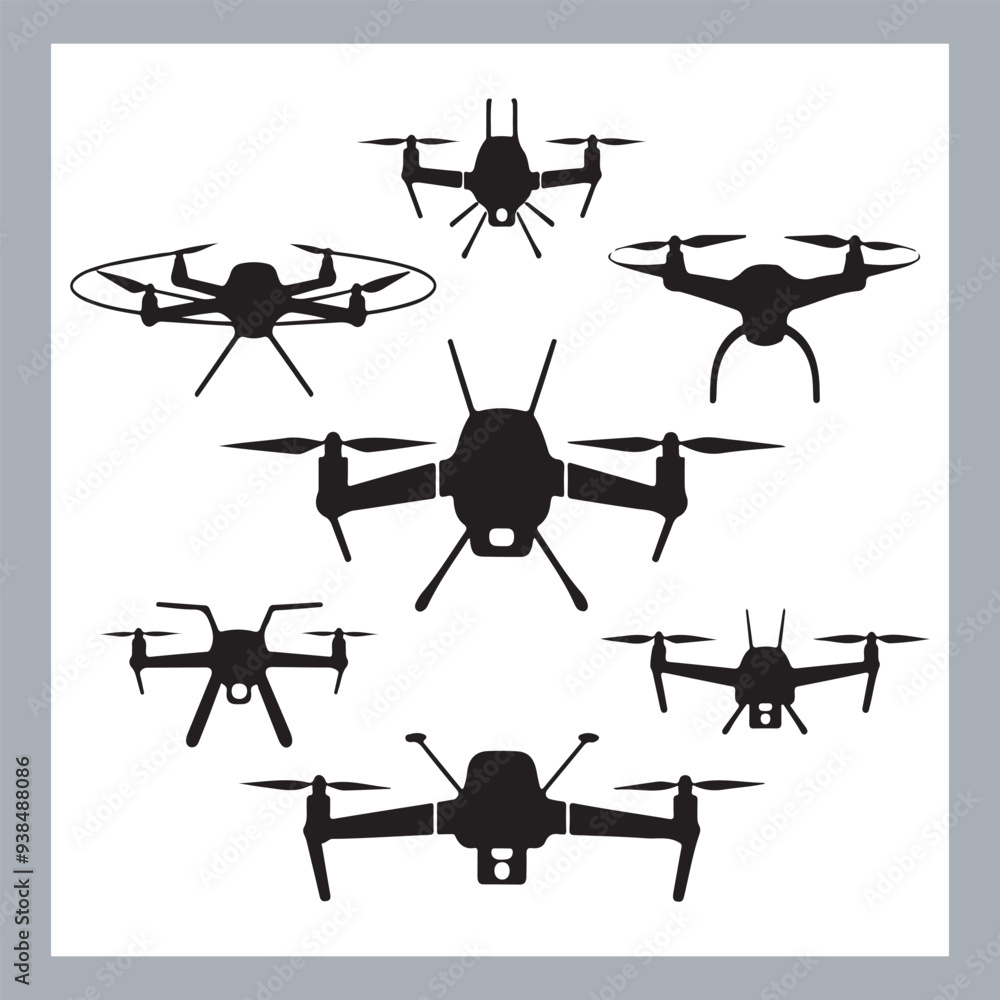 Drone quadcopter with camera black symbol, Black silhouette of military drone. Top, front and side view. Army aircraft for intelligence and attack, silhouette of a drone flying Drone quadcopter with camera black symbol, Black silhouette of military drone. Top, front and side view. Army aircraft for intelligence and attack, silhouette of a drone flying
