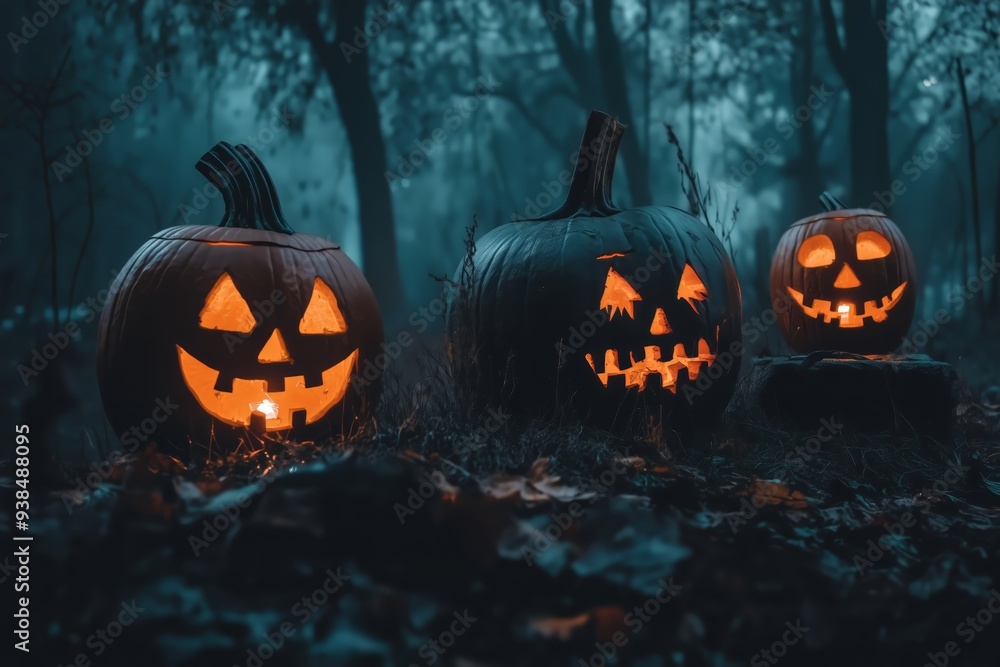 Halloween pumpkin with glowing eyes and cauldrons, Halloween festive atmosphere, glowing city lights, mystical forest with castle, carnival background Halloween pumpkin with glowing eyes and cauldrons, Halloween festive atmosphere, glowing city lights, mystical forest with castle, carnival background