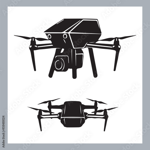 Drone quadcopter with camera black symbol, Black silhouette of military drone. Top, front and side view. Army aircraft for intelligence and attack, silhouette of a drone flying