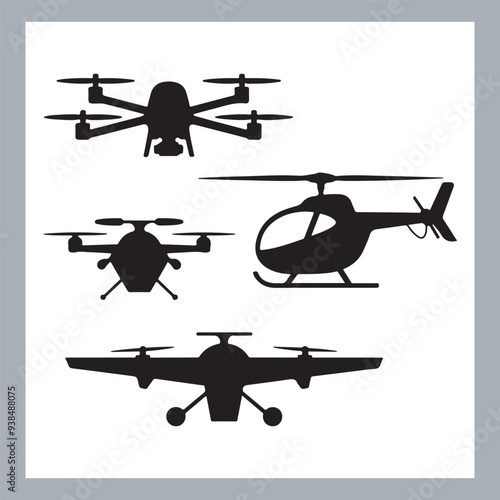 Drone quadcopter with camera black symbol, Black silhouette of military drone. Top, front and side view. Army aircraft for intelligence and attack, silhouette of a drone flying