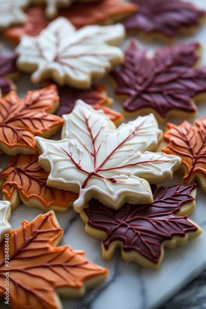 Fototapeta premium colorful autumn leaves made from cookie dough, decorated with white icing for an elegant fall theme 