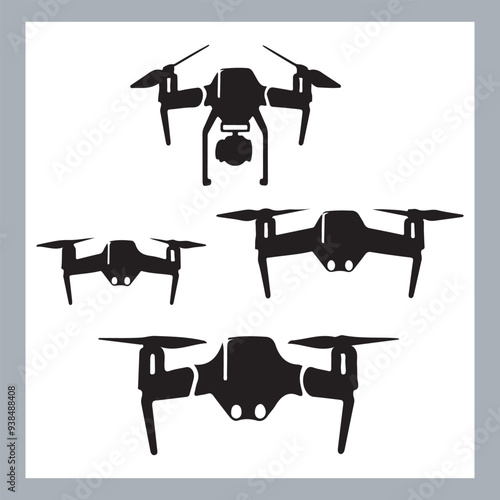 Drone quadcopter with camera black symbol, Black silhouette of military drone. Top, front and side view. Army aircraft for intelligence and attack, silhouette of a drone flying
