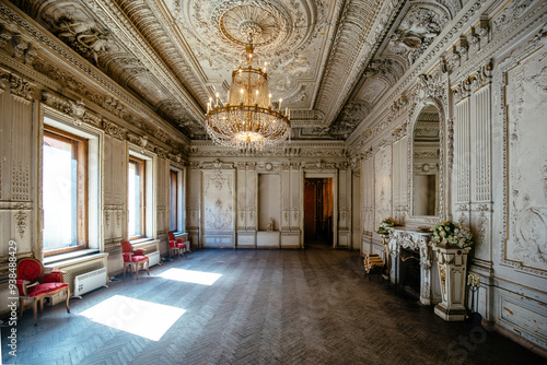 Large decorated baroque hall at old Brusnitsyns' mansion in St. Petersburg, Russia, May 12, 2024 photo