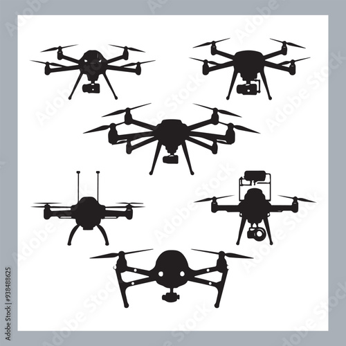 Drone quadcopter with camera black symbol, Black silhouette of military drone. Top, front and side view. Army aircraft for intelligence and attack, silhouette of a drone flying
