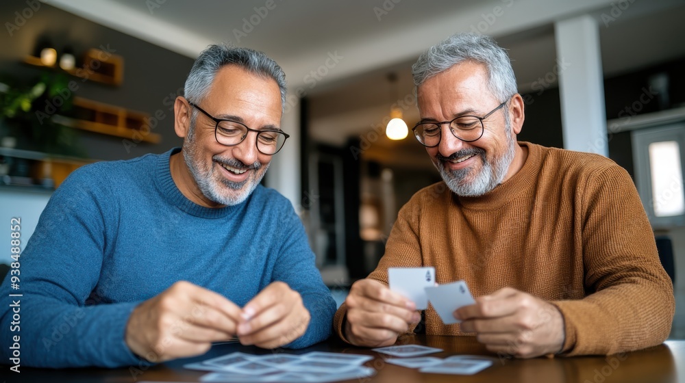 Two cheerful, gray-haired men are sitting indoors at a table, engrossed in a card game. Their smiles reflect the happiness and enjoyment of the moment they are sharing together. Two cheerful, gray-haired men are sitting indoors at a table, engrossed in a card game. Their smiles reflect the happiness and enjoyment of the moment they are sharing together.