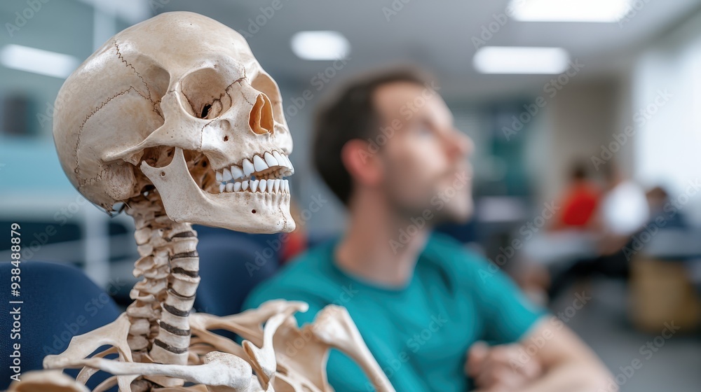Amusing image of a skeleton gazing at a person seated nearby in an indoor environment, suggesting a lighthearted take on the concept of waiting, time, and human interaction. Amusing image of a skeleton gazing at a person seated nearby in an indoor environment, suggesting a lighthearted take on the concept of waiting, time, and human interaction.