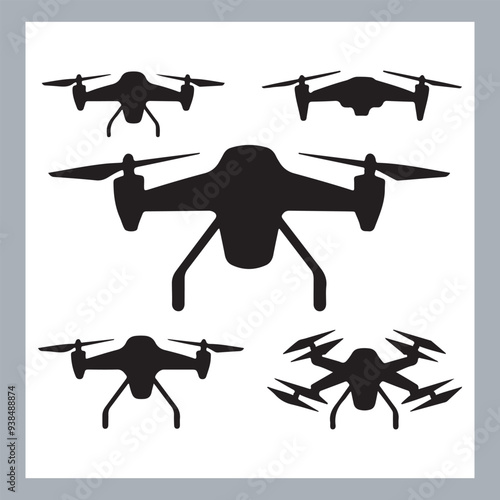 Drone quadcopter with camera black symbol, Black silhouette of military drone. Top, front and side view. Army aircraft for intelligence and attack, silhouette of a drone flying