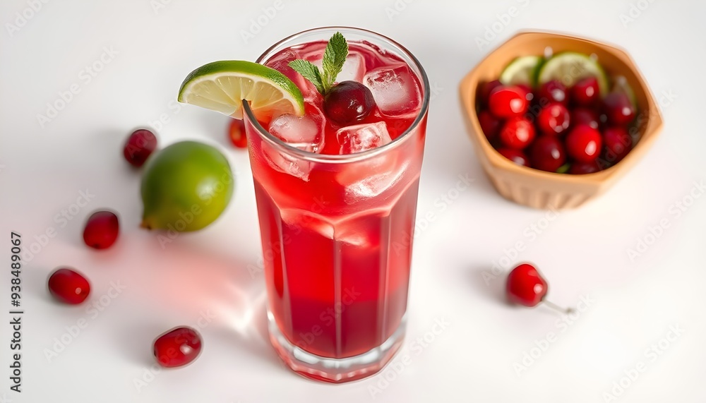 Vibrant Cocktail in Highball Glass with Ice and Fruit Garnish on White Background Vibrant Cocktail in Highball Glass with Ice and Fruit Garnish on White Background