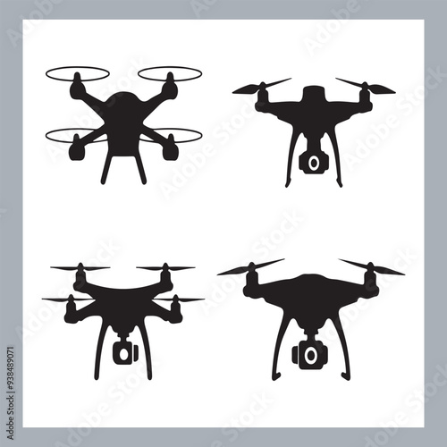 Drone quadcopter with camera black symbol, Black silhouette of military drone. Top, front and side view. Army aircraft for intelligence and attack, silhouette of a drone flying