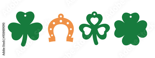 Shamrock vecror designs for earrings, pendant or keychain. St Patricks Day jewelry silhouette cut template. Laser cutting with leather, wood or metal