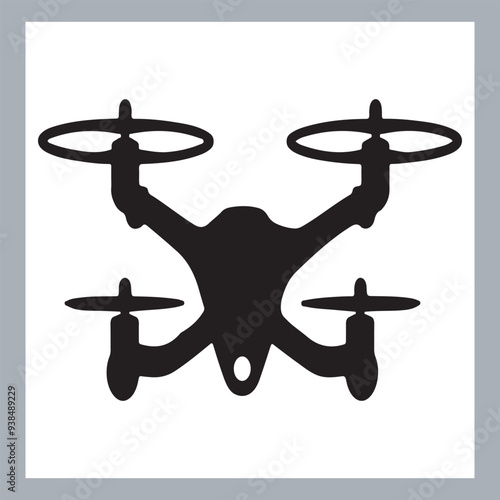 Drone quadcopter with camera black symbol, Black silhouette of military drone. Top, front and side view. Army aircraft for intelligence and attack, silhouette of a drone flying