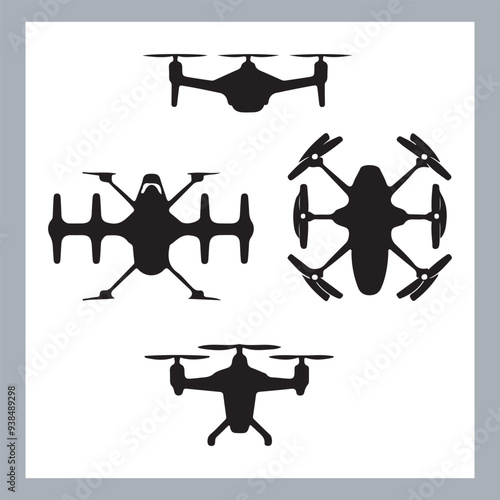 Drone quadcopter with camera black symbol, Black silhouette of military drone. Top, front and side view. Army aircraft for intelligence and attack, silhouette of a drone flying